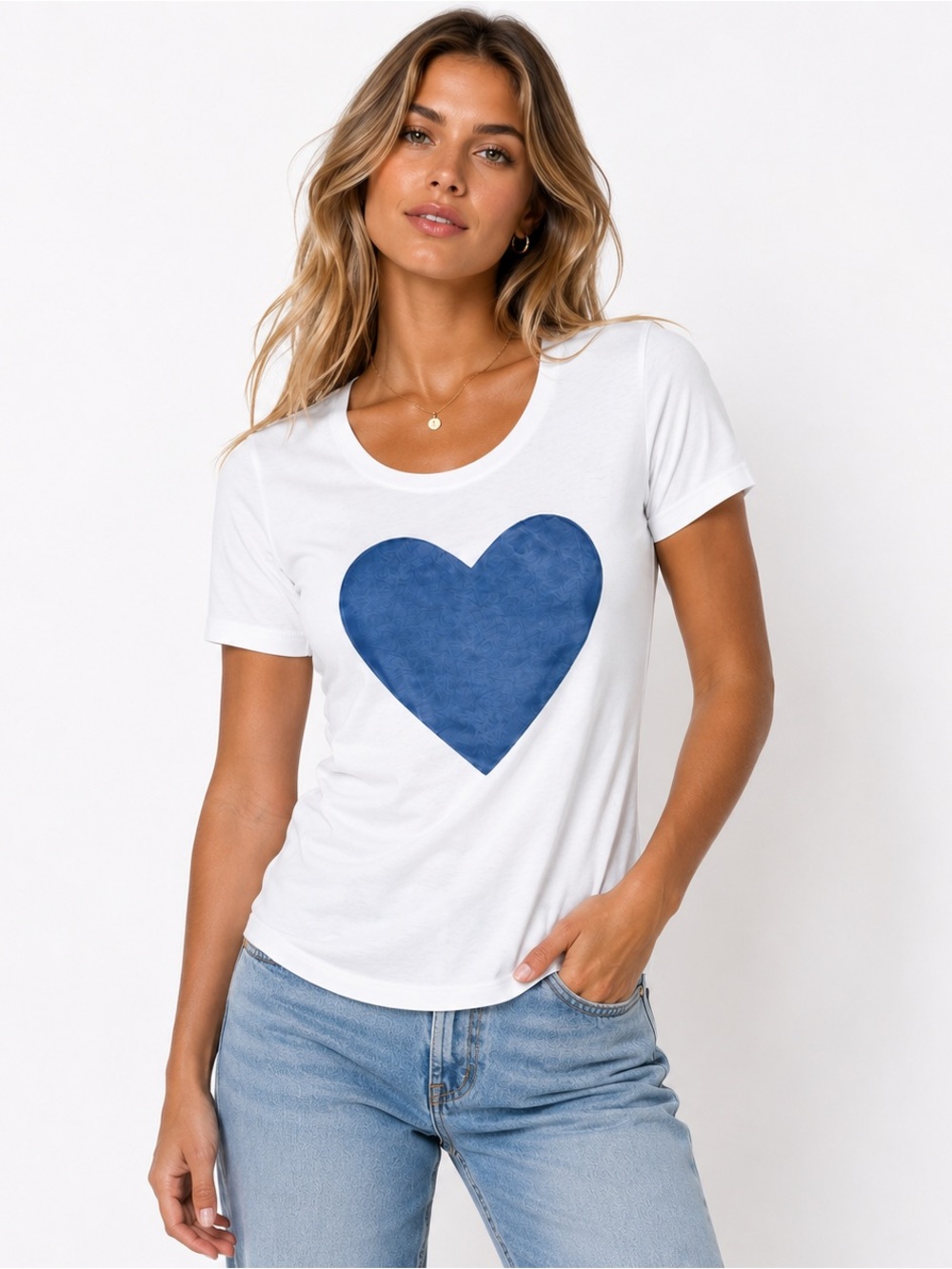 Femme Fatale White Tee with Blue Heart Graphic